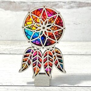 Rainbow Dreamcatcher Night Light Handmade Stained Glass Style LED Plug-in